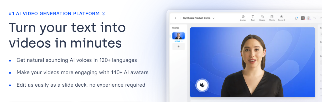 Synthesia — это генератор видео с искусственным интеллектом, ориентированный на виртуальные аватары. Сервис предоставляет широкий спектр аватаров, основанных на реальных людях, которых можно адаптировать для чтения сценариев.