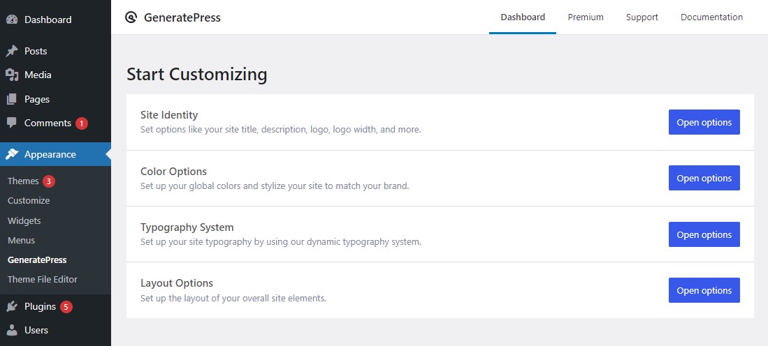 Configuración del personalizador de GeneratePress