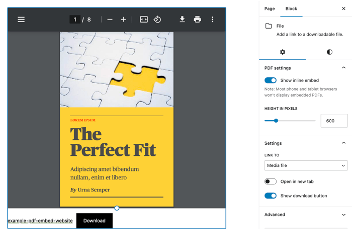 Configurações integradas do visualizador de PDF do WordPress