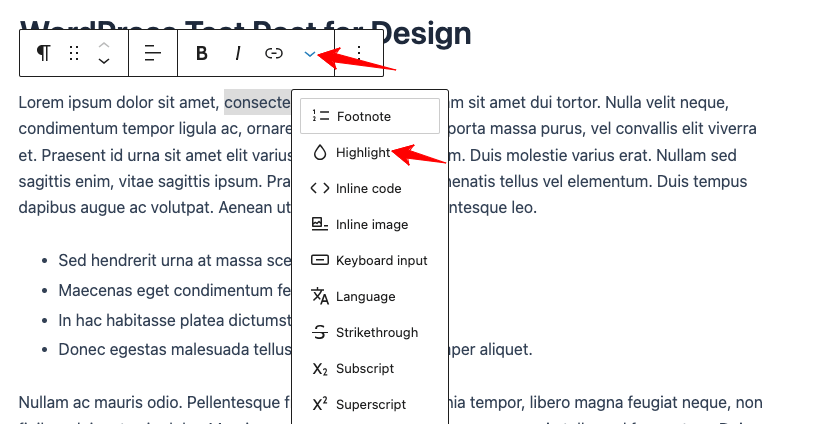 WordPress-шрифт-цвет-Гутенберг-выделение