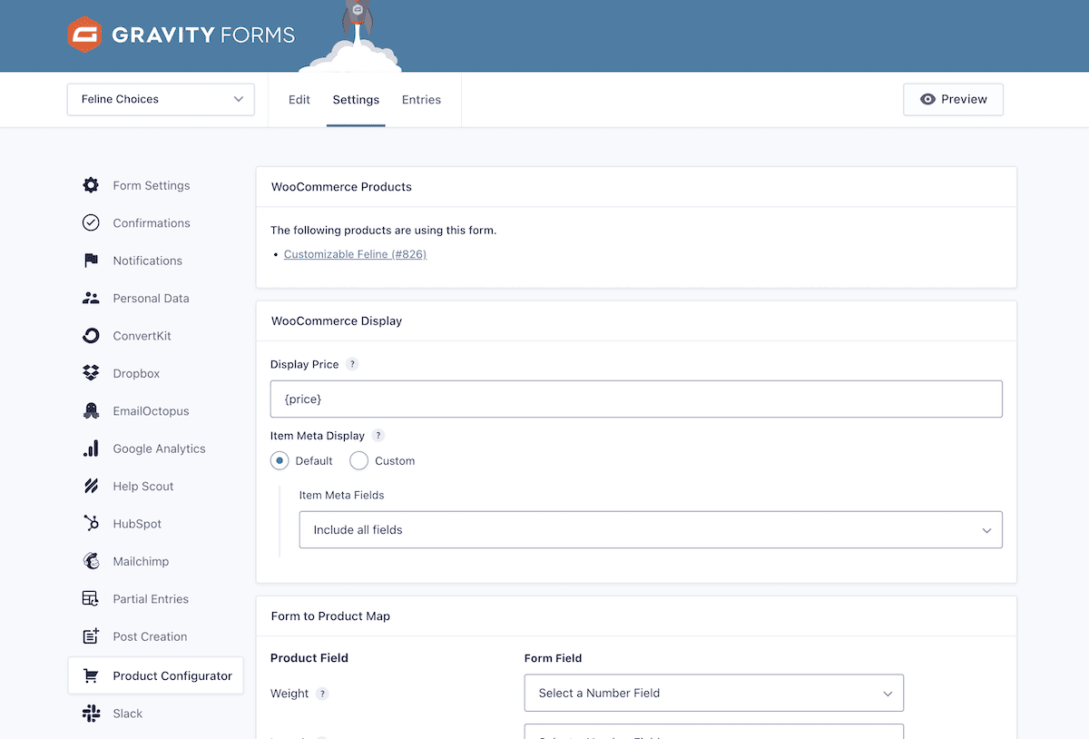 Product Configurator のフィード設定画面。