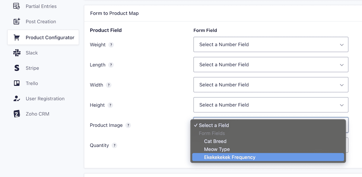 Gravity Shop Product Configurator のフォーム フィールドを製品フィールドにリンクします。