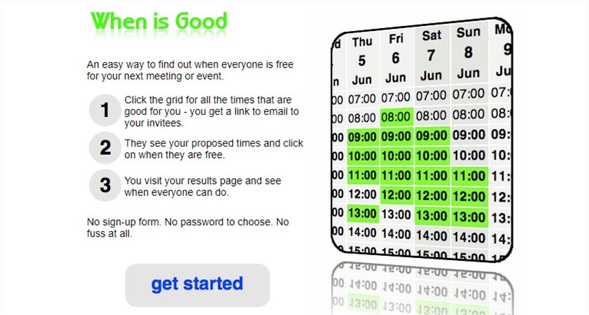 白、緑、黒のWhenIsGood スケジューリング ソフトウェアのホームページのスクリーンショット。