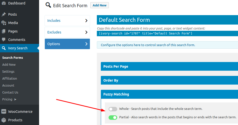 Les paramètres sont affichés dans le plugin Ivory Search WordPress