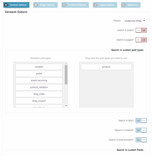 Esempio delle impostazioni avanzate nel plugin Ajax Site Search