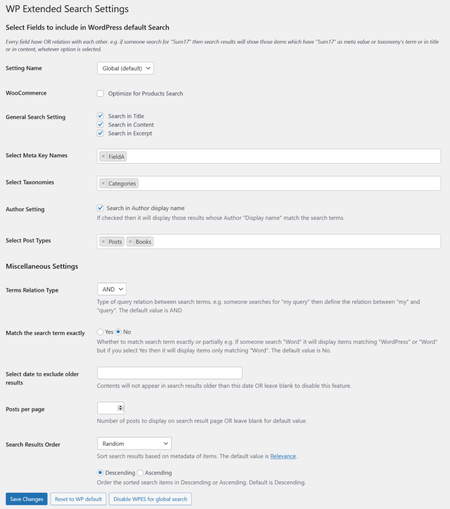 Exemple des paramètres de WP Extend Search