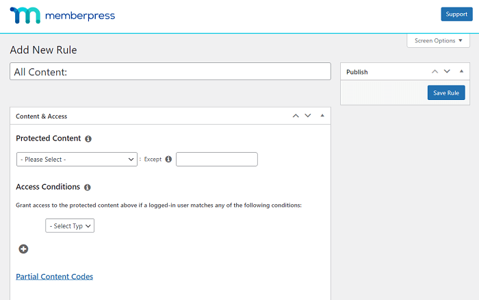 Un écran pour ajouter une nouvelle règle à MemberPress.