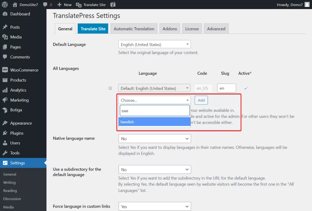 sélection d'une deuxième langue dans Translatepress Free