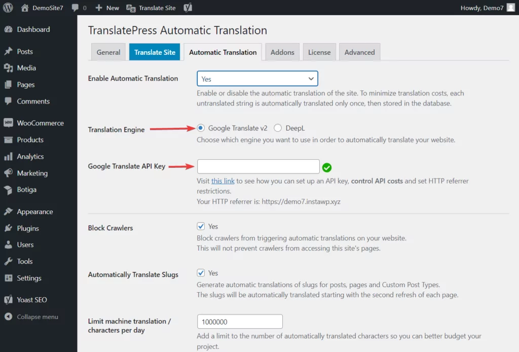 Auswahl der Übersetzungsmaschine in TranslatePress Free