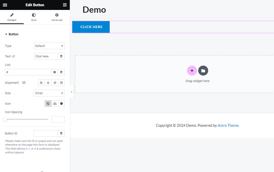 Configuração do botão Elementor