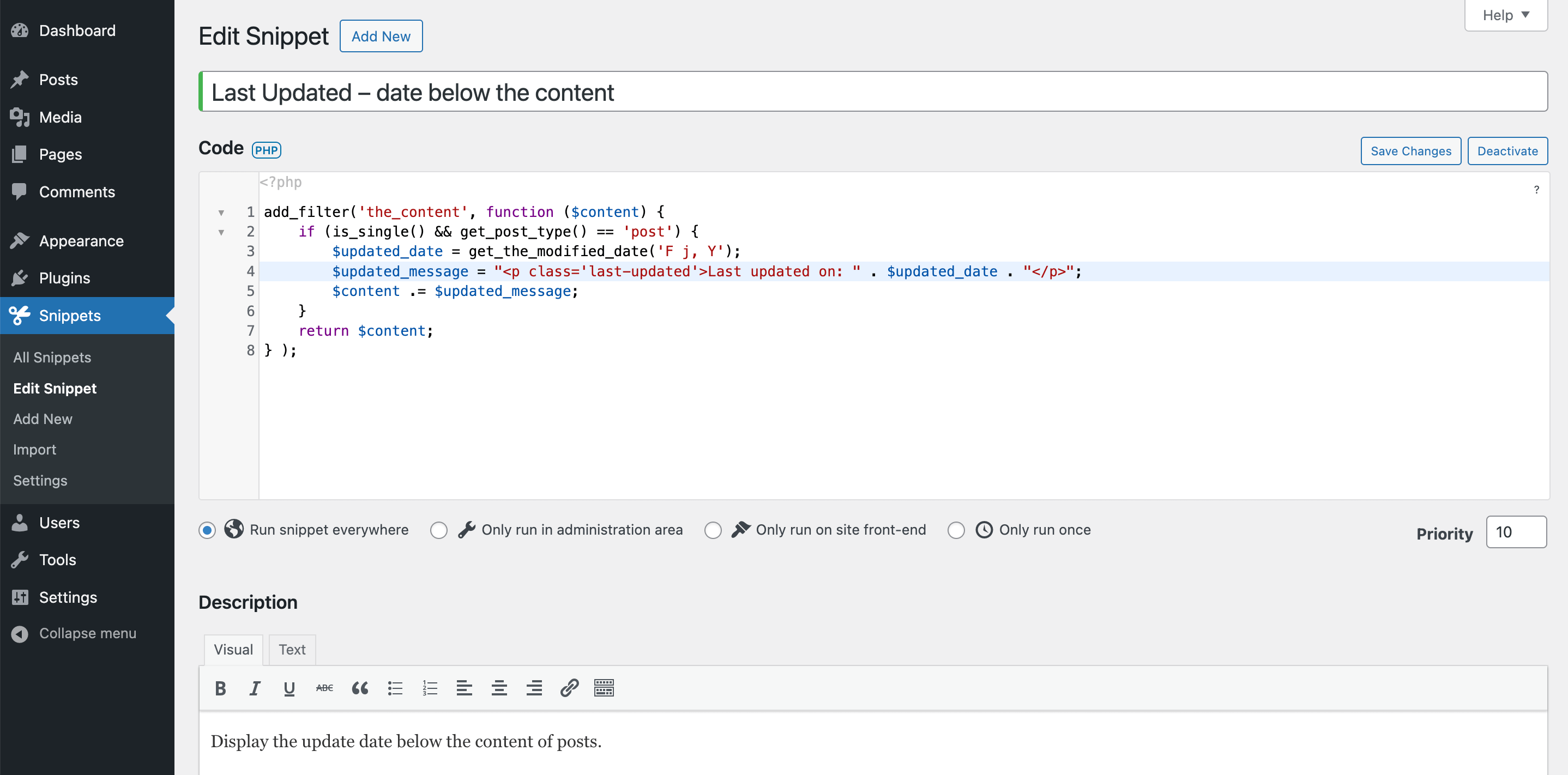 Beispiel für benutzerdefinierte Code-Snippets auf der Code-Snippets-Plugin-Seite.