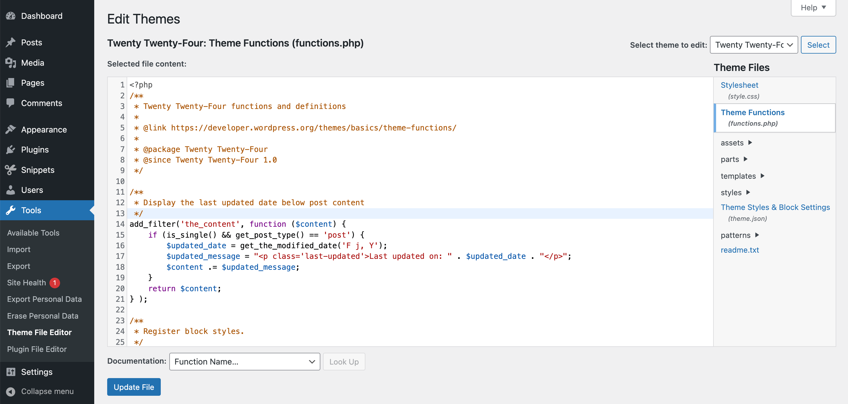 Código personalizado adicionado ao arquivo functions.php por meio do Theme File Editor no painel do WordPress.