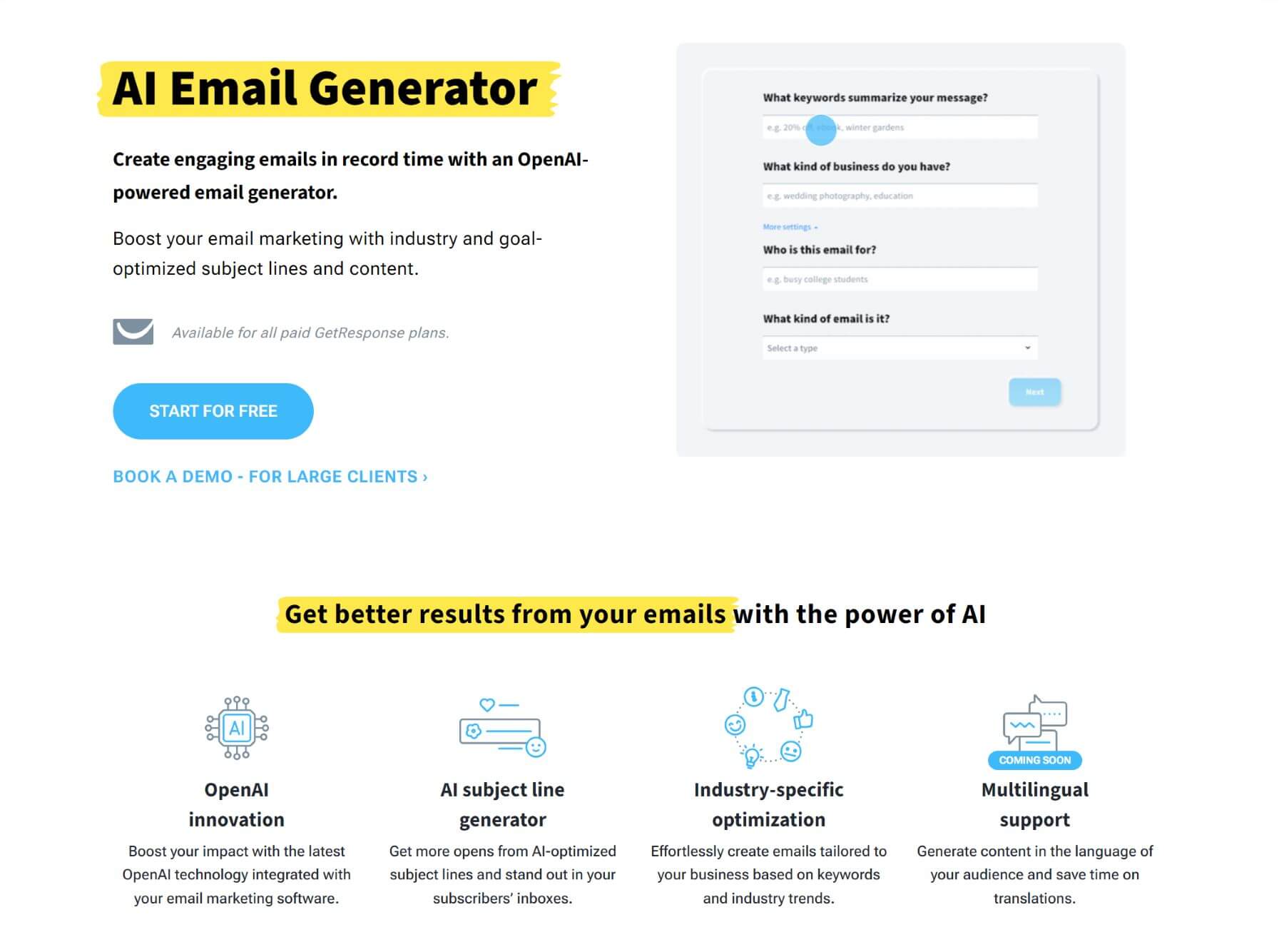 Pagina di destinazione del generatore di posta elettronica GetResponse AI