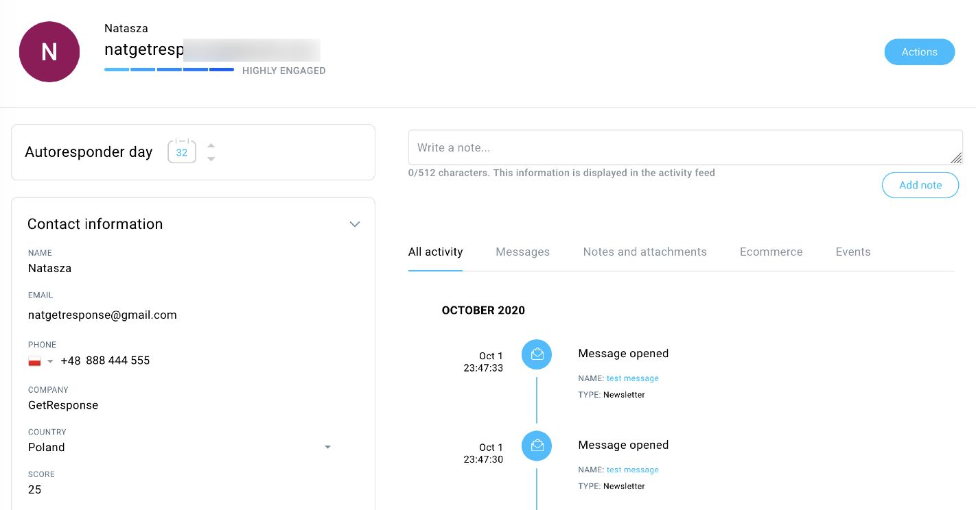 Обзор GetResponse карточек контактов