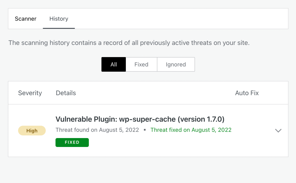 Auf der History -Seite sehen Sie eine Liste aller früheren Bedrohungen, die Ihre Website beeinflusst haben. Sie können sie durch den Status "Fix/Ignoring" filtern und dennoch entscheiden, ignorierte Bedrohungen zu beheben, wenn Sie möchten.