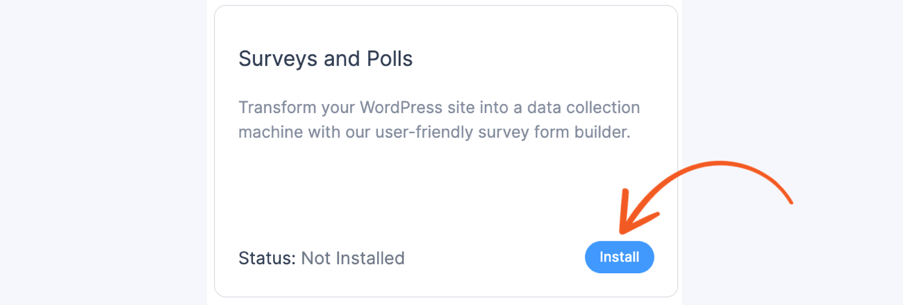 Formidables Add-on „Umfragen und Umfragen“ mit einem Pfeil, der auf die Schaltfläche „Installieren“ zeigt