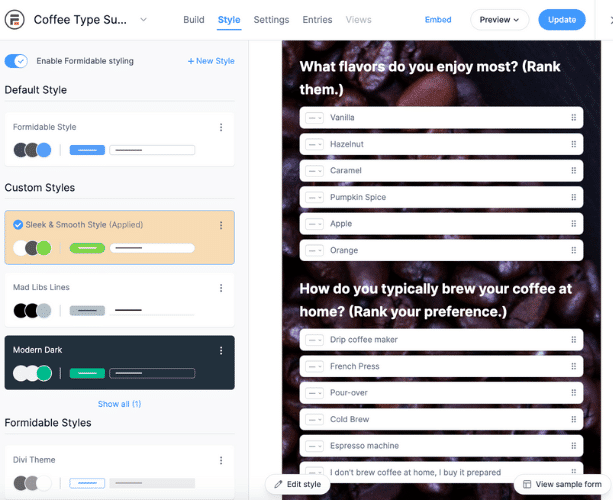 Beeindruckender Forms-Styler für die Beispiel-Ranking-Umfrage