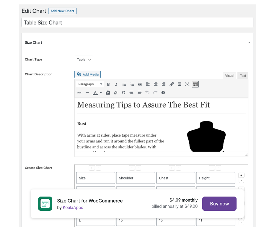 A screenshot from Size Chart plugin with form fields