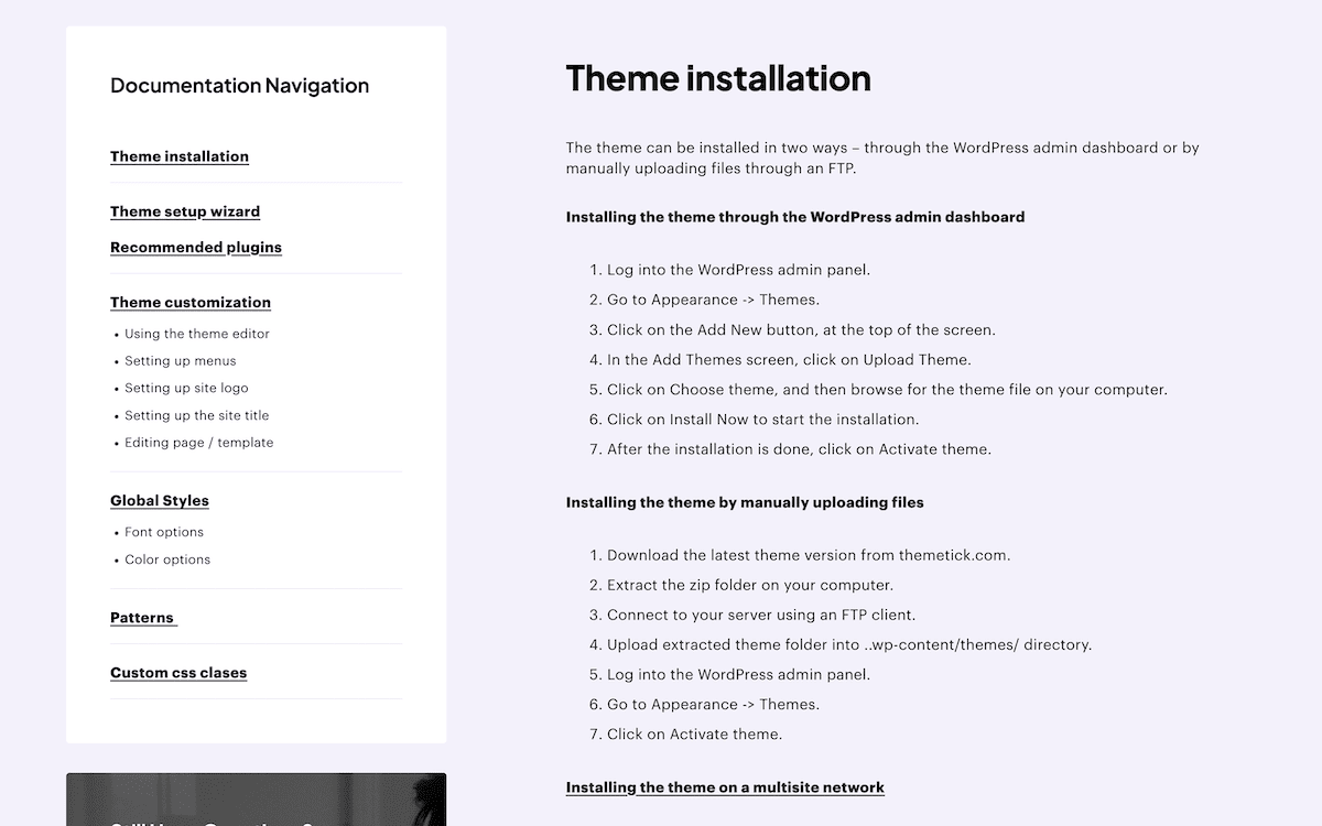 La page de documentation de Themetick.