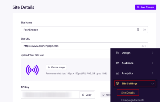 Configuración del sitio PushEngage