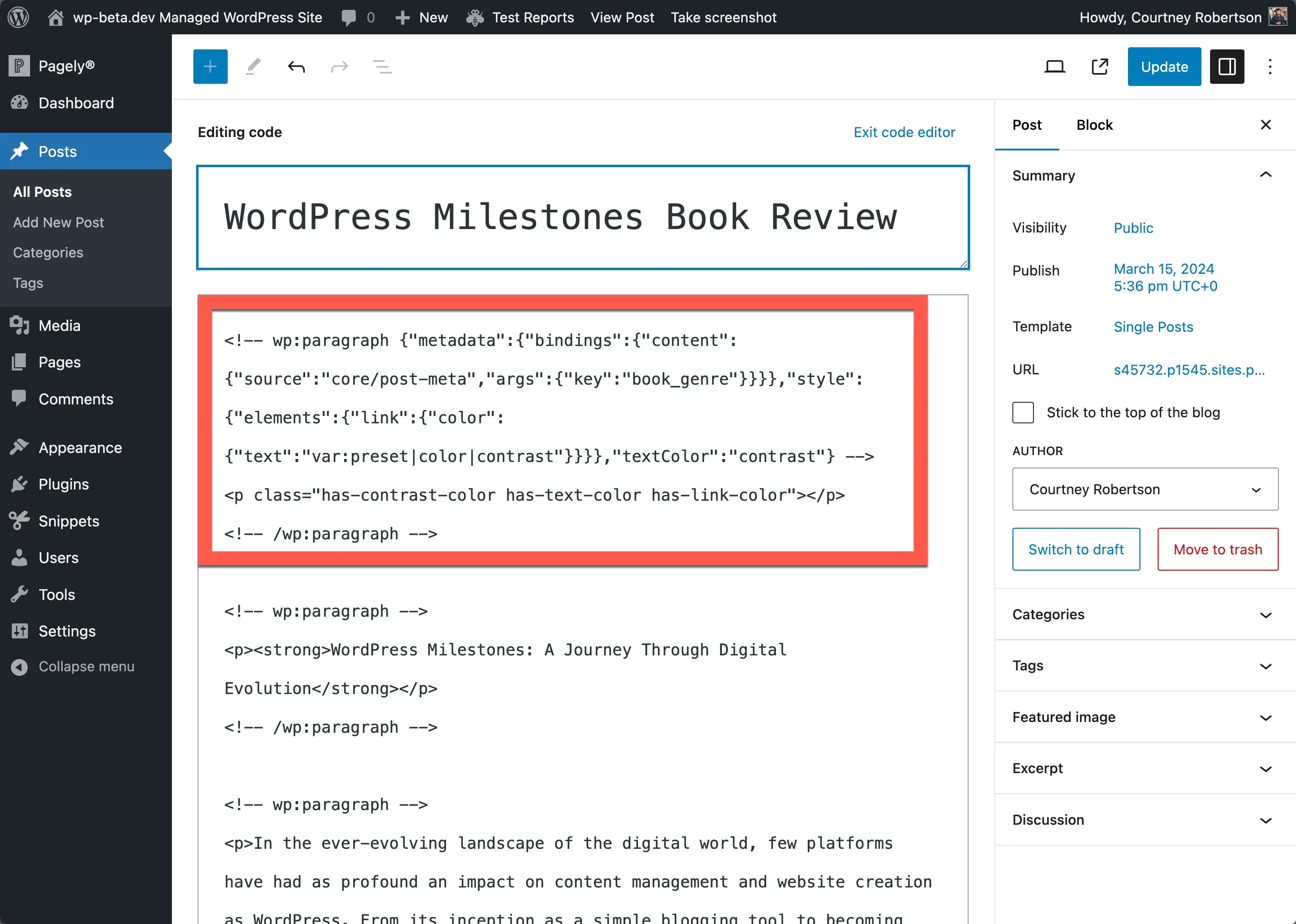 WordPress-Post-Editor in der Code-Editor-Ansicht. Oben befindet sich der Code, der zum Anzeigen des benutzerdefinierten Felds erforderlich ist, wobei ein rotes Kästchen darum herum erscheint, um zu verdeutlichen, wo es hingehört.