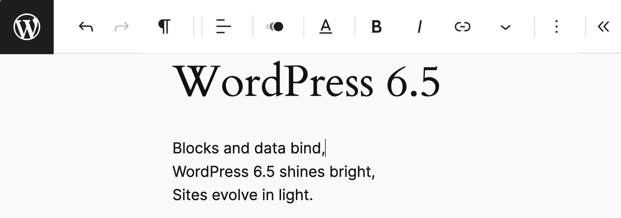 Modo livre de distração do WordPress 6.5 ativado, demonstrando a barra de ferramentas superior.