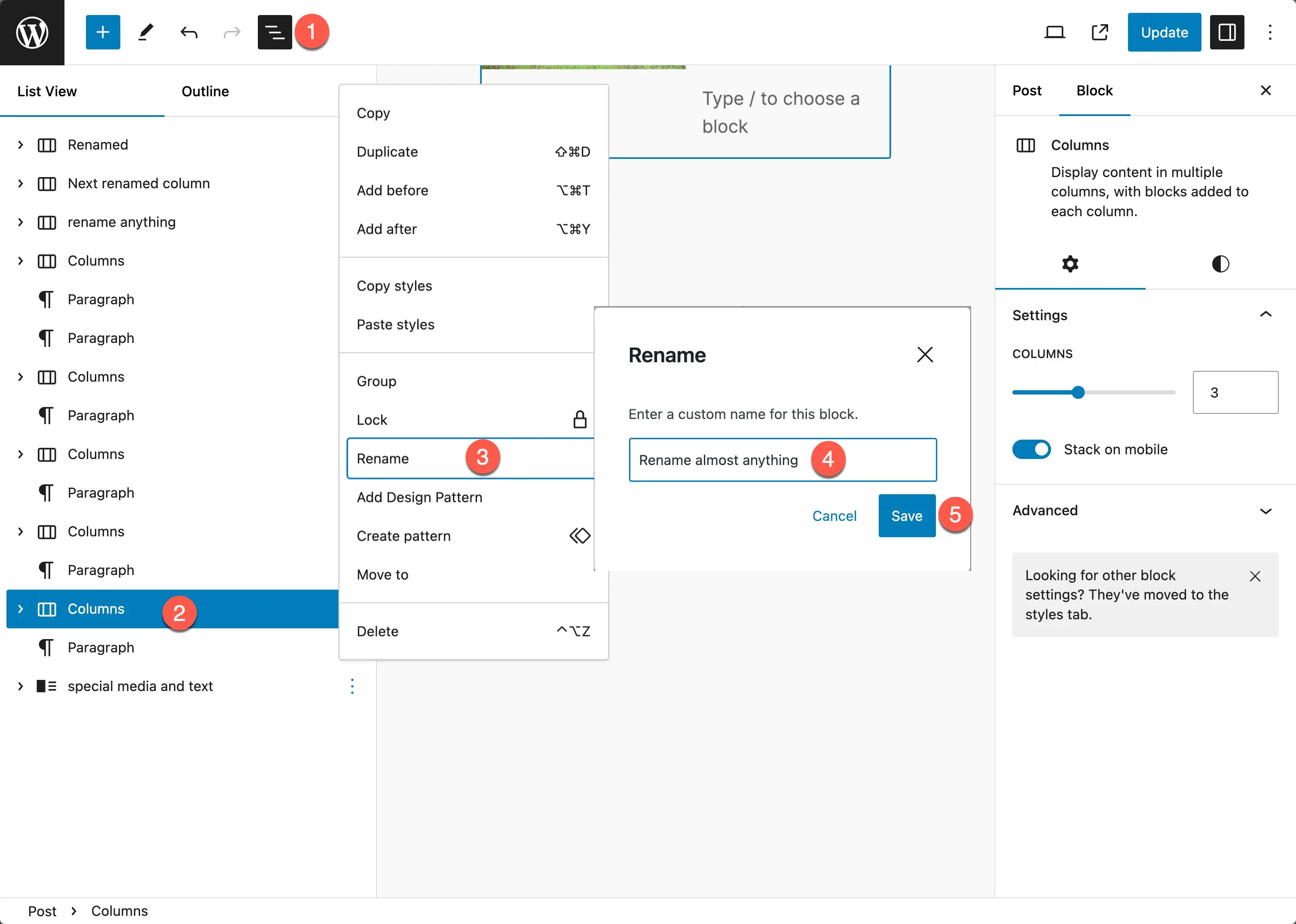 WordPress 6.5 Listenansicht zum Umbenennen von Blöcken