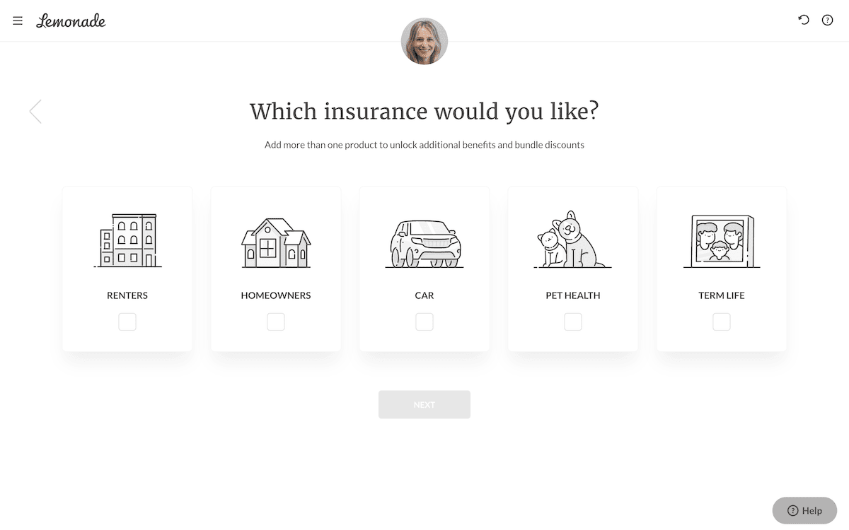 Lemonade 的多步驟表格顯示了保險類型的選擇。