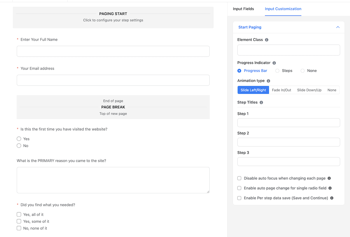 Personalizarea secțiunii Paging Start din Fluent Forms.