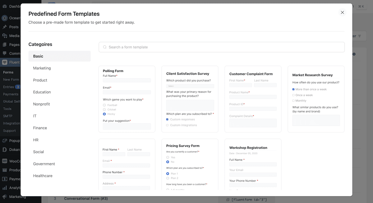 在 Fluent Forms 中選擇預先建置的範本。