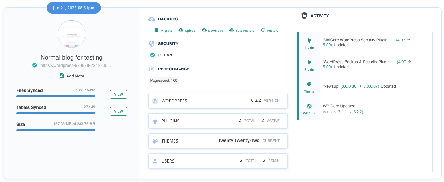 Uma página de detalhes para backups de sites