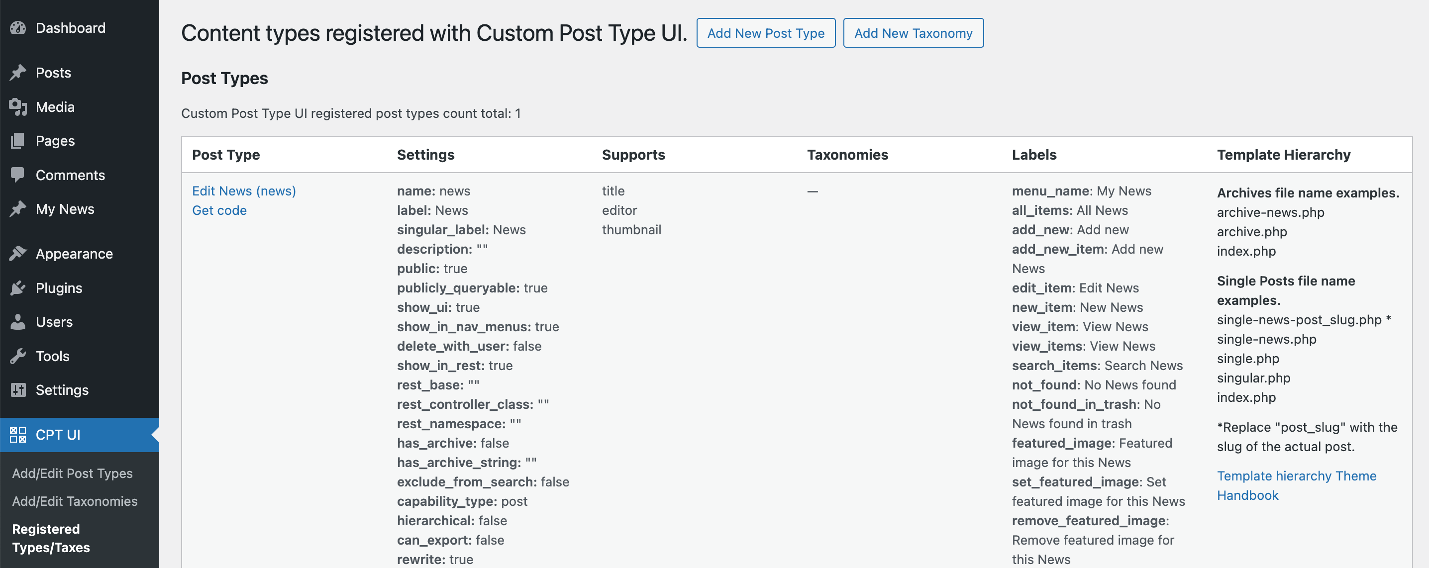 ภาพรวมของประเภทโพสต์แบบกำหนดเองของ WordPress ที่สร้างโดยปลั๊กอิน UI ประเภทโพสต์แบบกำหนดเอง