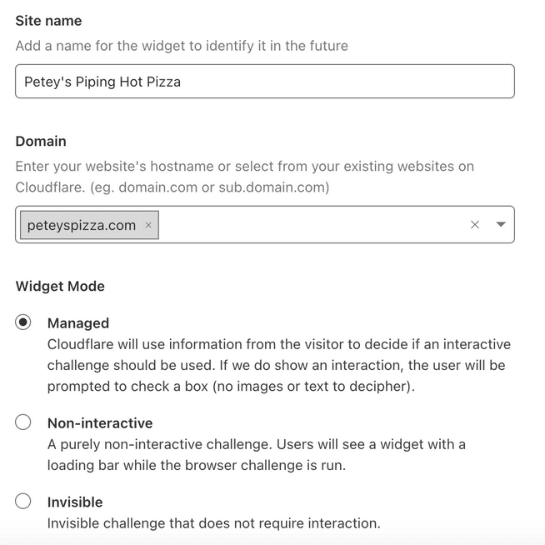 Page de configuration du site Web Cloudflare Turnstile