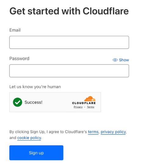 Page d'inscription de Cloudflare