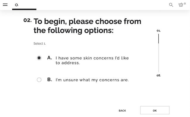 Ejemplo de formulario de varios pasos de The Ordinary para recomendaciones de productos para el cuidado de la piel