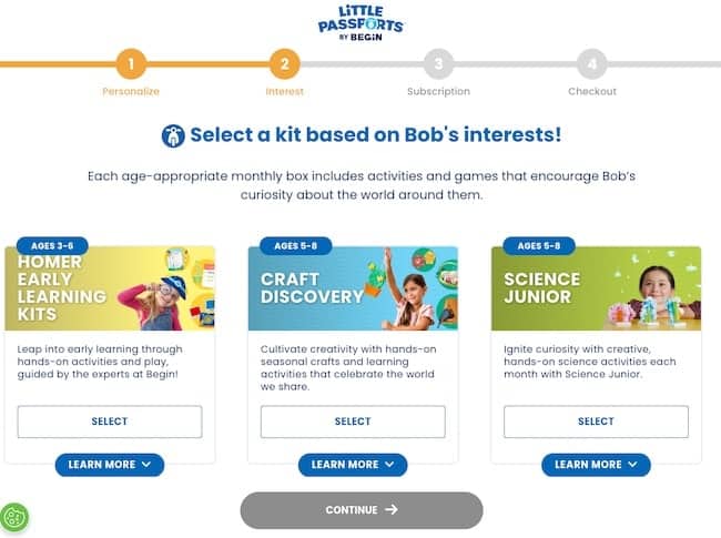 Beispiel für ein mehrseitiges Formular für die Little Passports-Abonnementbox