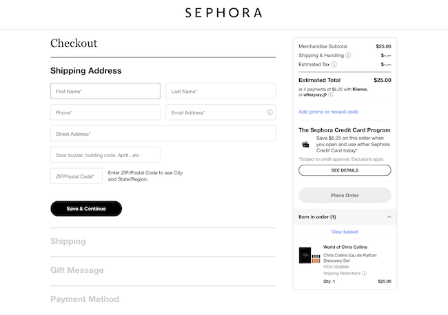 Exemple de page de paiement Sephora avec une conception de formulaire en une seule étape