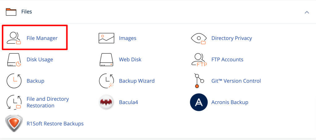 Această imagine arată opțiunea File Manager din panoul de control