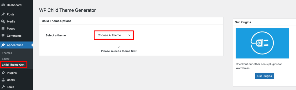 Gambar ini menunjukkan opsi Child Theme Generator pada plugin.