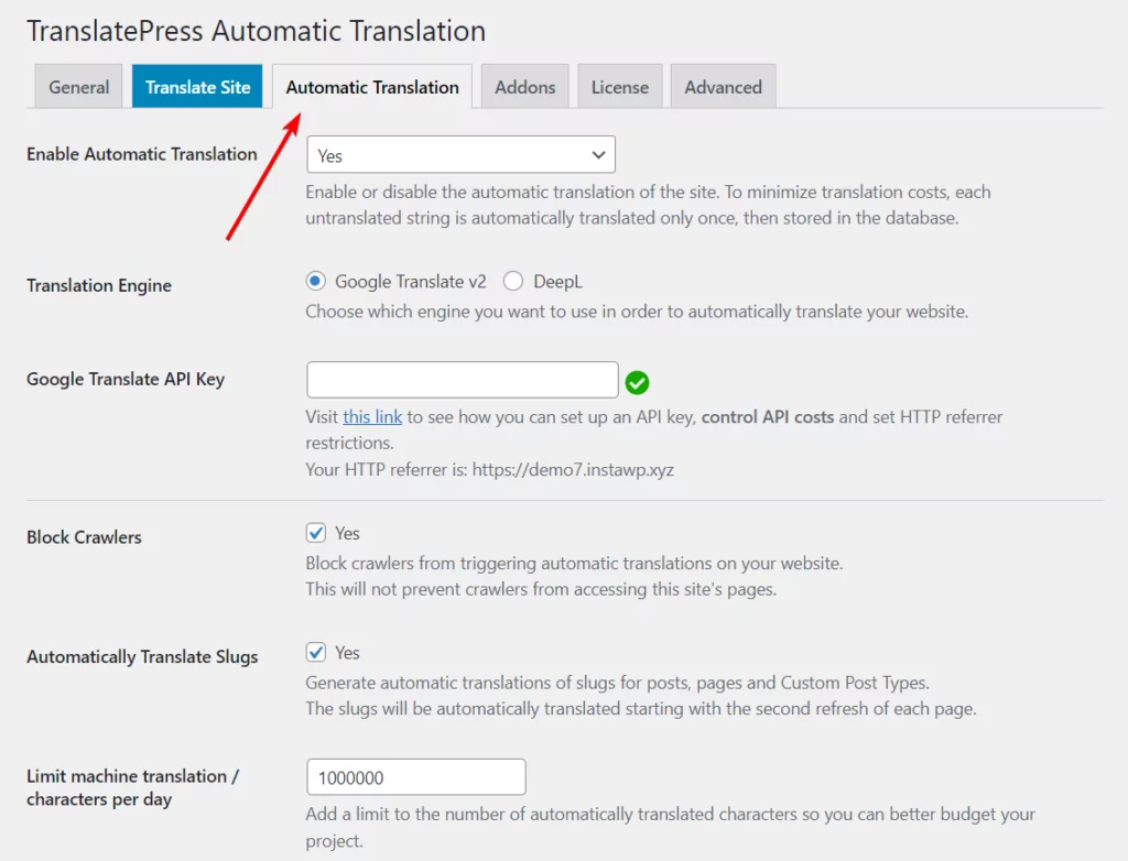 traduzione automatica di Translatepress