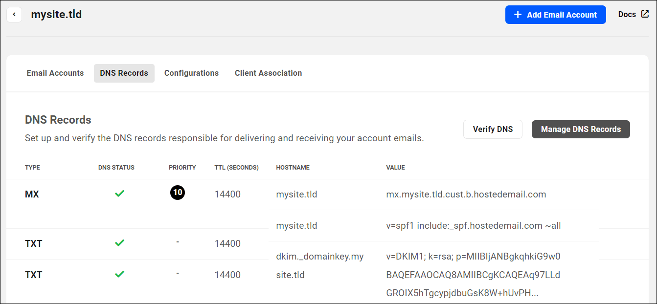 すべてのレコードの DNS ステータスに緑色のチェックマークが表示されている [DNS レコード] 画面。