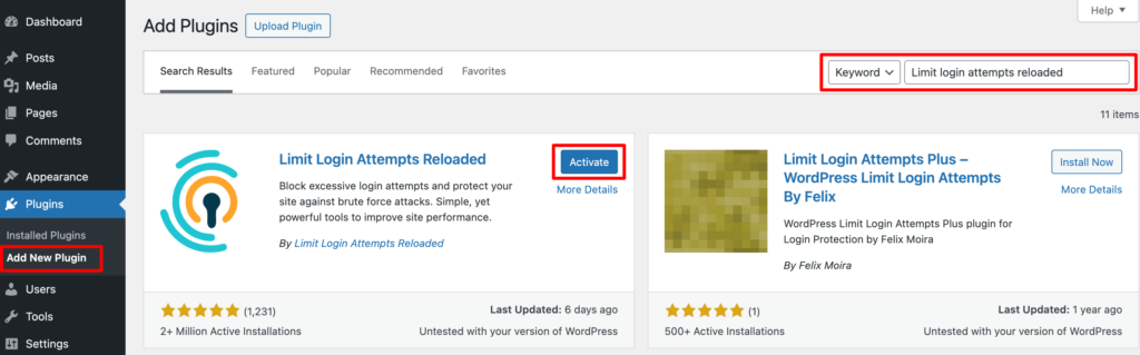 Tangkapan layar ini menunjukkan cara menginstal dan mengaktifkan plugin Limit Login Attempts Reloaded