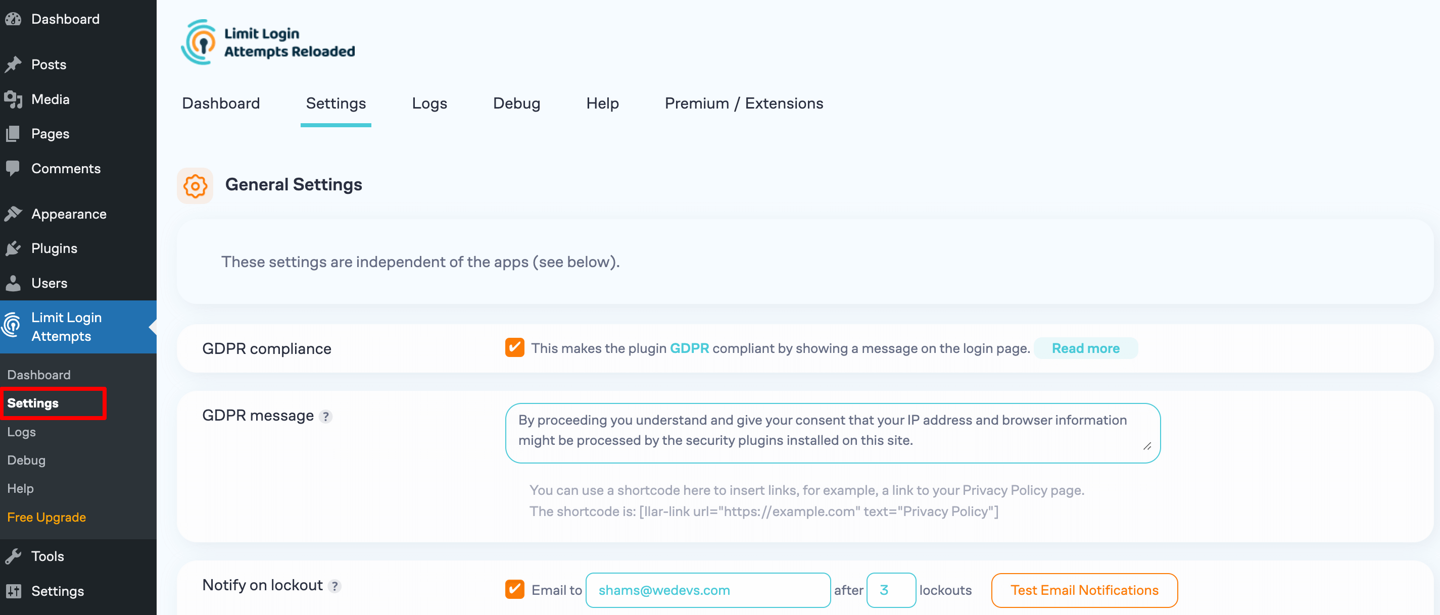 Ini adalah tangkapan layar halaman pengaturan Limit Login Attempts Reloaded