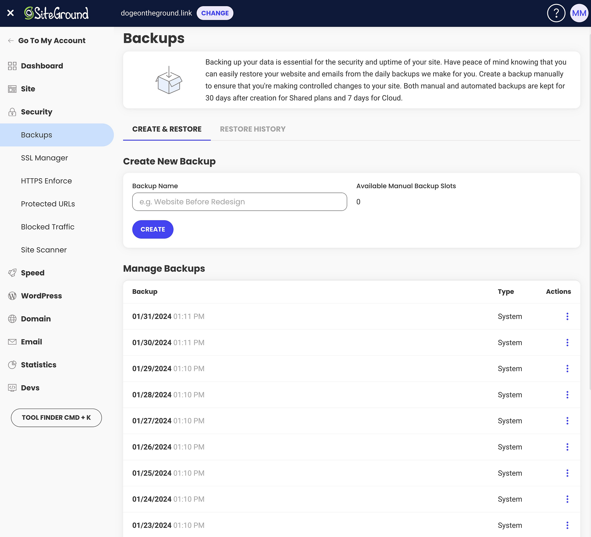 Ferramenta de backup SiteGround.