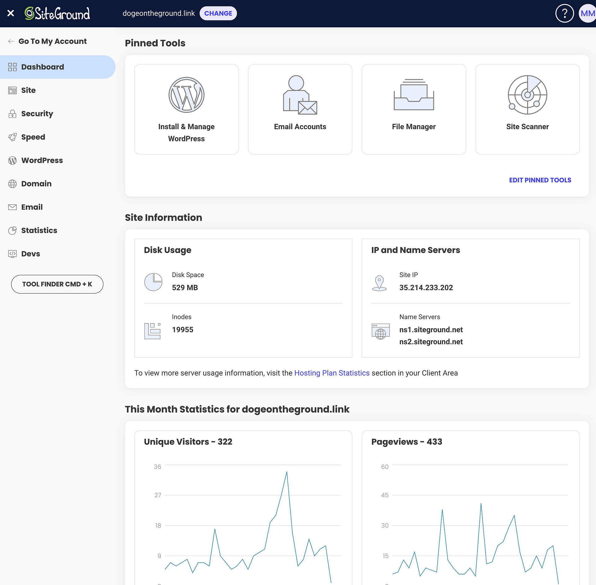 Painel de ferramentas do site SiteGround.