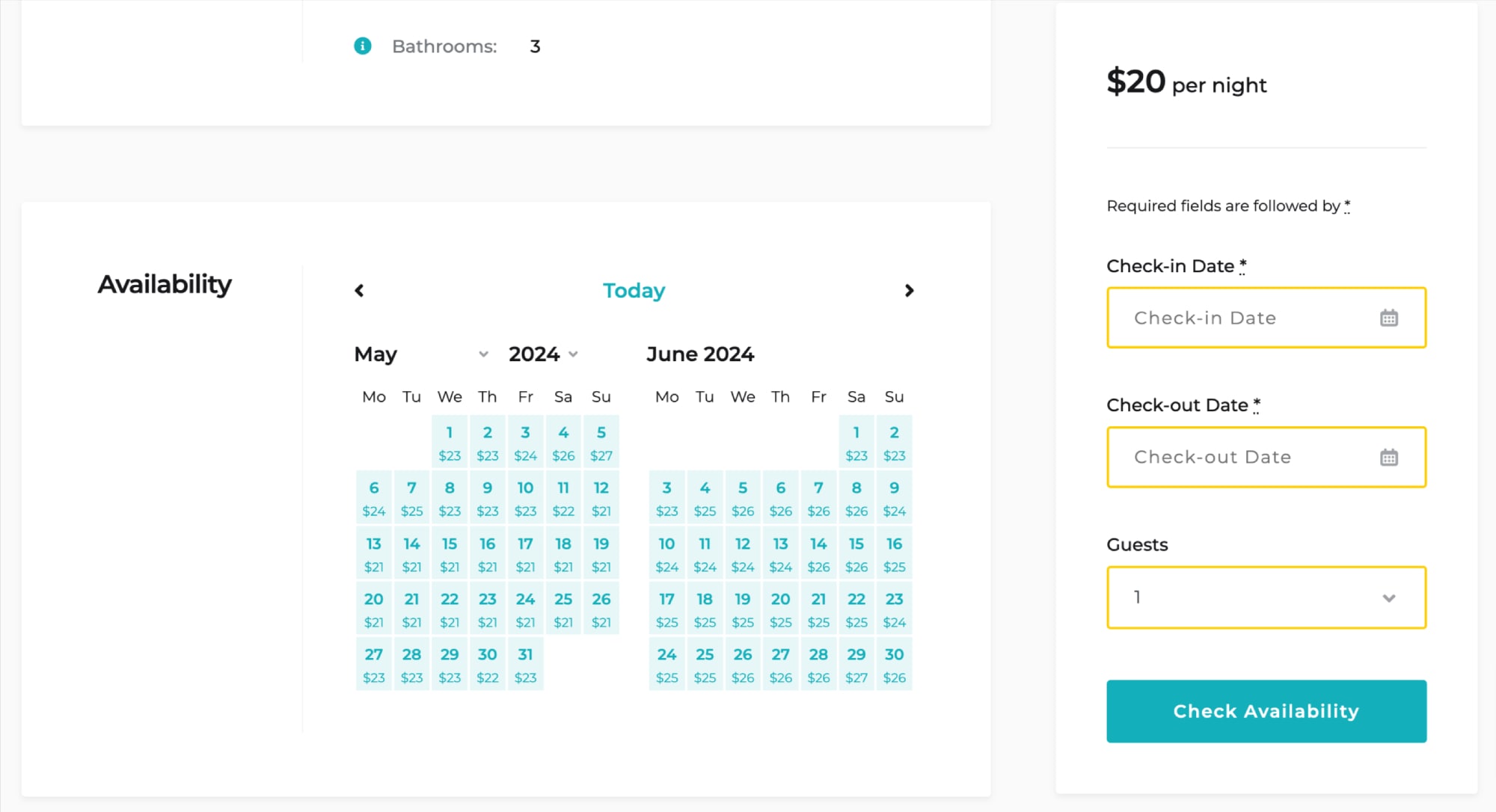 Interfaz de precios del calendario de reservas de hoteles.