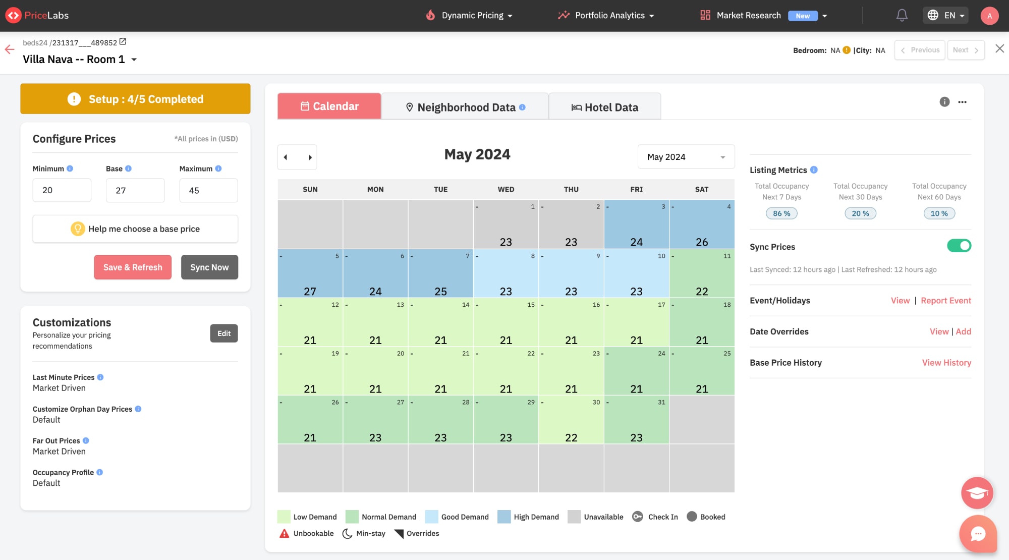 PriceLabs-Dashboard Calendarul prețurilor.