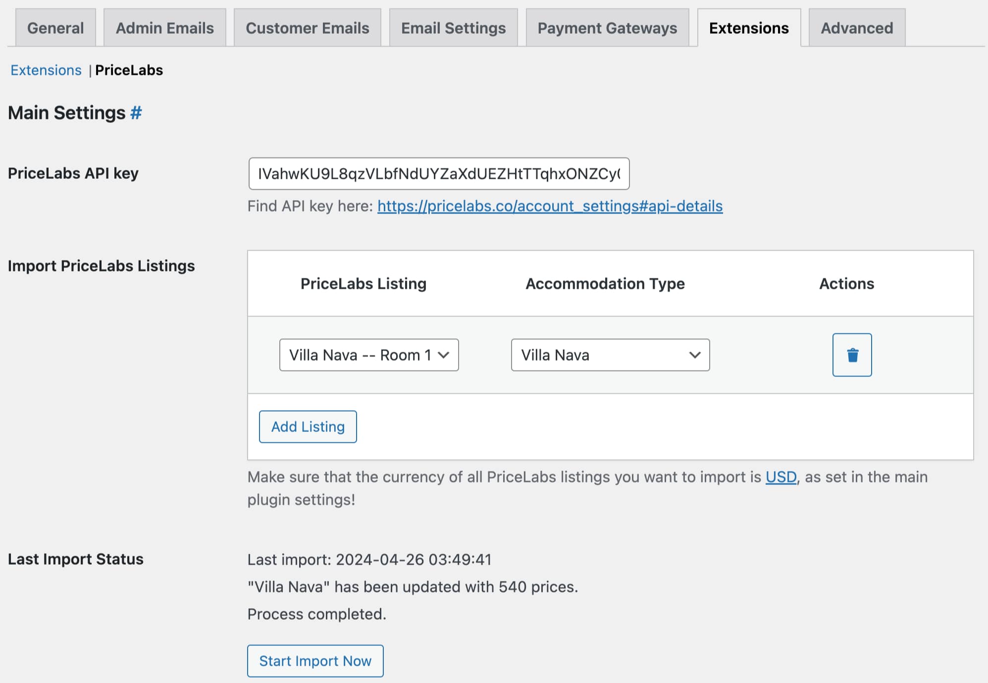 Extensión de configuración de PriceLabs de reserva de hotel.