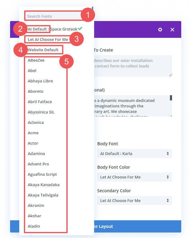 Opções de tipografia e fonte do Divi Layouts AI - Escolha as fontes do título