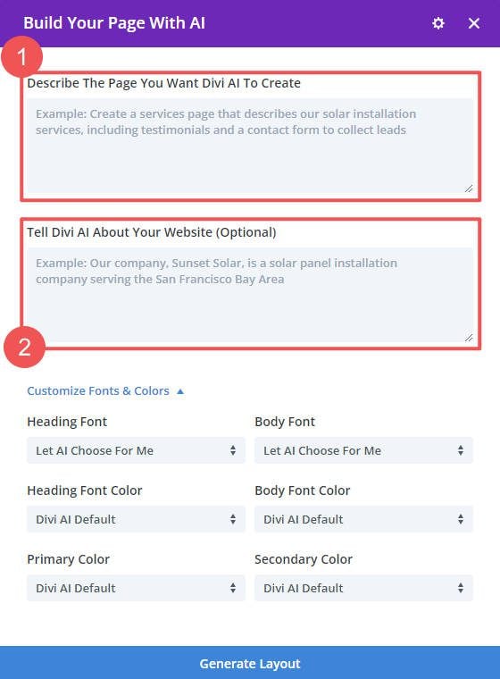 Layout DI AI: pagina e informazioni sui campi di input delle richieste